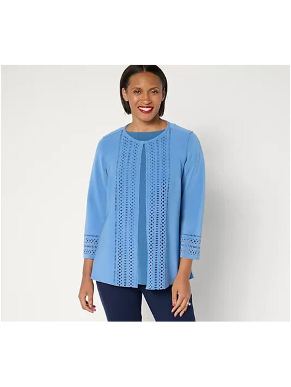 GRAVER Susan Graver LK Fusion Plus Regular Laser Cut Cardigan Blue Maze: Medium